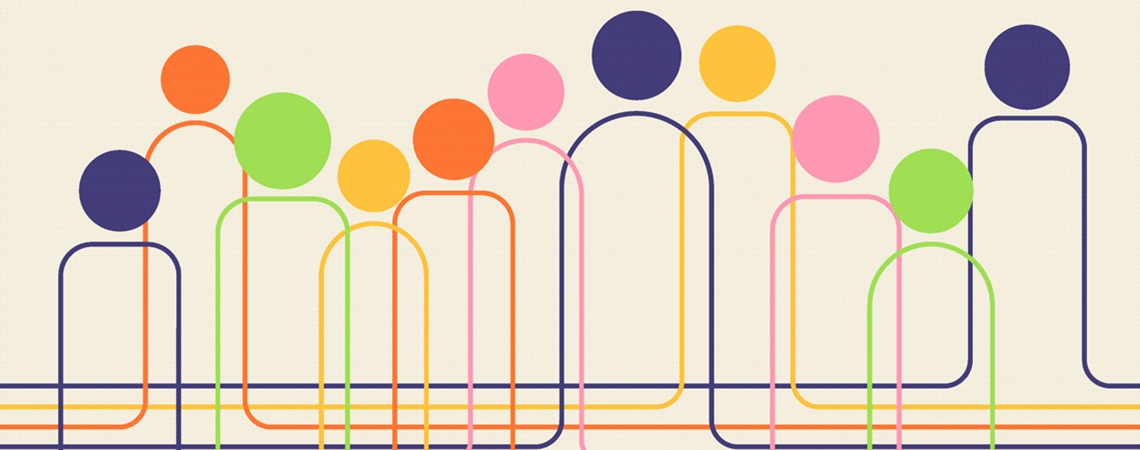 stilisierte Zeichung einer Menschengruppe, bunte Köpfe stilisierte Zeichung einer Menschengruppe, bunte Köpfe